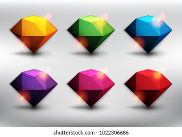 Abstract vector colorful gemstones set of 6. Low poly diamonds in 6 different colors. Isolated with realistic, transparent shine and shadow on the light background. Vector illustration. Eps10.