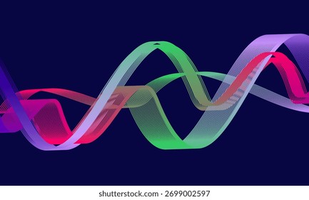 Abstract vector in colorful gradations on a dark background. Modern, dynamic and futuristic wavy lines. Suitable for technology designs, digital posters, presentation backgrounds and creative graphic 