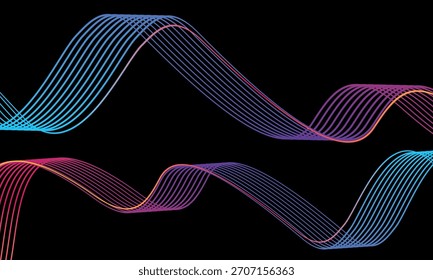 Abstract vector in colorful gradations on a dark background. Modern, dynamic and futuristic wavy lines. Suitable for technology designs, digital posters, presentation backgrounds and creative graphic.