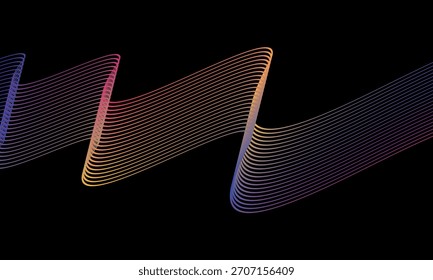Abstract vector in colorful gradations on a dark background. Modern, dynamic and futuristic wavy lines. Suitable for technology designs, digital posters, presentation backgrounds and creative graphic.