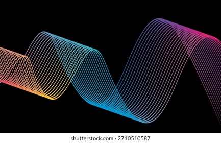 Abstract vector in colorful gradations on a dark background. Modern, dynamic and futuristic wavy lines. Suitable for technology designs, digital posters, presentation backgrounds and creative graphic