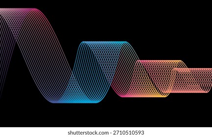 Vector Abstractas en coloridas gradaciones sobre un fondo oscuro. Líneas onduladas modernas, dinámicas y futuristas. Conveniente para los diseños de la tecnología, los carteles digitales, los fondos de la presentación y el gráfico creativo