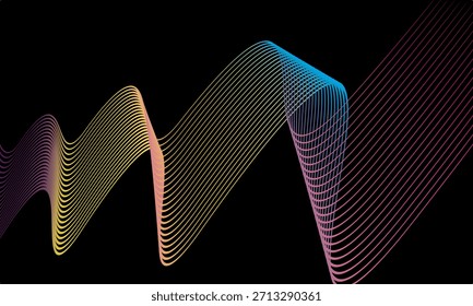 Vetor abstrato em gradações coloridas em um fundo escuro. Linhas onduladas modernas, dinâmicas e futuristas. Adequado para designs de tecnologia, cartazes digitais, planos de fundo de apresentação e gráfico criativo.