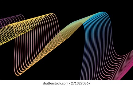 Abstract vector in colorful gradations on a dark background. Modern, dynamic and futuristic wavy lines. Suitable for technology designs, digital posters, presentation backgrounds and creative graphic.