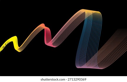 Abstract vector in colorful gradations on a dark background. Modern, dynamic and futuristic wavy lines. Suitable for technology designs, digital posters, presentation backgrounds and creative graphic.