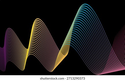 Abstract vector in colorful gradations on a dark background. Modern, dynamic and futuristic wavy lines. Suitable for technology designs, digital posters, presentation backgrounds and creative graphic.