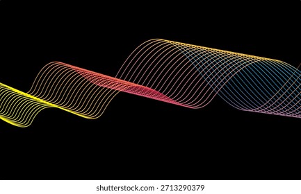 Abstract vector in colorful gradations on a dark background. Modern, dynamic and futuristic wavy lines. Suitable for technology designs, digital posters, presentation backgrounds and creative graphic.