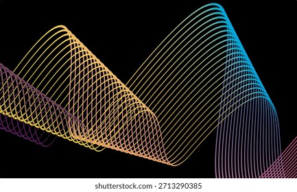 Vector Abstractas en coloridas gradaciones sobre un fondo oscuro. Líneas onduladas modernas, dinámicas y futuristas. Adecuado para diseños de tecnología, carteles digitales, fondos de presentación y gráficos creativos.