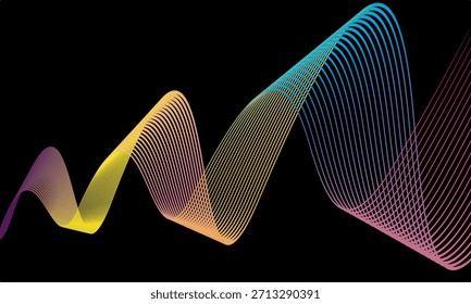 Vector Abstractas en coloridas gradaciones sobre un fondo oscuro. Líneas onduladas modernas, dinámicas y futuristas. Adecuado para diseños de tecnología, carteles digitales, fondos de presentación y gráficos creativos.