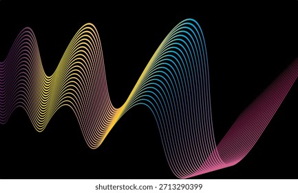 Vector Abstractas en coloridas gradaciones sobre un fondo oscuro. Líneas onduladas modernas, dinámicas y futuristas. Adecuado para diseños de tecnología, carteles digitales, fondos de presentación y gráficos creativos.