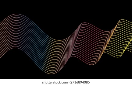 Vetor abstrato em gradações coloridas em um fundo escuro. Linhas onduladas modernas, dinâmicas e futuristas. Adequado para designs de tecnologia, cartazes digitais, planos de fundo de apresentação e gráfico criativo.