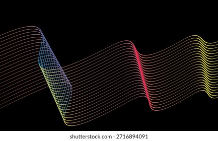 Abstract vector in colorful gradations on a dark background. Modern, dynamic and futuristic wavy lines. Suitable for technology designs, digital posters, presentation backgrounds and creative graphic.