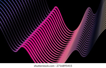 Vector Abstractas en coloridas gradaciones sobre un fondo oscuro. Líneas onduladas modernas, dinámicas y futuristas. Adecuado para diseños de tecnología, carteles digitales, fondos de presentación y gráficos creativos.