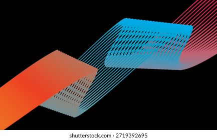 Vetor abstrato em gradações coloridas em um fundo escuro. Linhas onduladas modernas, dinâmicas e futuristas. Adequado para designs de tecnologia, cartazes digitais, planos de fundo de apresentação e gráfico criativo.