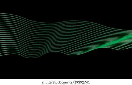 Vetor abstrato em gradações coloridas em um fundo escuro. Linhas onduladas modernas, dinâmicas e futuristas. Adequado para designs de tecnologia, cartazes digitais, planos de fundo de apresentação e gráfico criativo.