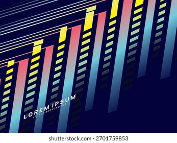 Vector Abstractas con un patrón de rayas diagonales degradadas de colores, decorado con Pequeños cuadrados brillantes modernos. Estilo futurista y elegante adecuado para fondos de tecnología, presentaciones digitales.