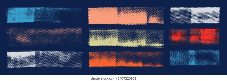 Abstract vector colorful halftone rectangular shapes. Grunge banner with small dots pattern. Textured banners with halftone. Retro vintage backgrounds for posters, collages, social media and design.