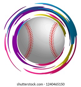 Abstract vector colorful image with baseball ball in circles of paint.