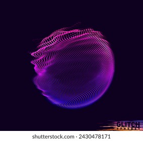 Vector abstracto de malla colorida sobre fondo oscuro. Tarjeta de estilo futurista. Esfera de punto dañada
