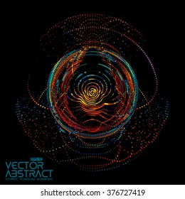 Abstract vector colorful mesh on dark background. Futuristic style card. Elegant background for business presentations.  Corrupted point sphere.  Chaos aesthetics.