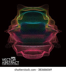 Abstract vector colorful mesh on dark background. Futuristic style card. Elegant background for business presentations.  Corrupted point sphere.  Chaos aesthetics.