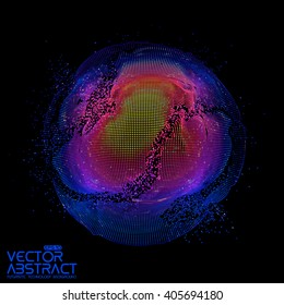 Abstract vector colorful mesh on dark background. Futuristic style card. Elegant background for business presentations.  Corrupted point sphere.  Chaos aesthetics.