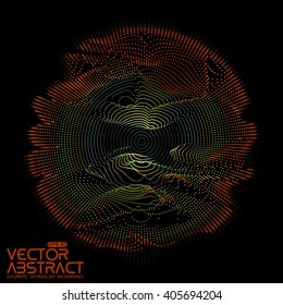 Abstract vector colorful mesh on dark background. Futuristic style card. Elegant background for business presentations.  Corrupted point sphere.  Chaos aesthetics.