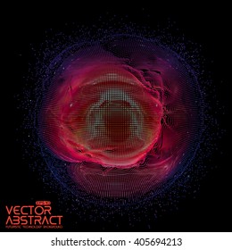 Abstrakte Vektorillustration bunter Maschen auf dunklem Hintergrund. Futuristische Karte. Eleganter Hintergrund für Geschäftspräsentationen.  Korrumpierte Punktkugel.  Chaos-Ästhetik.