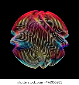 Abstract vector colorful mesh sphere on dark background. Futuristic style card. Elegant background for business presentations.  Corrupted point sphere.  Chaos aesthetics.