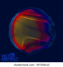 Abstrakte Vektorgrafik bunter Maschenkugel auf dunkelblauem Hintergrund. Futuristische Karte. Eleganter Hintergrund für Geschäftspräsentationen. Korrumpierte Punktkugel.  Chaos-Ästhetik.