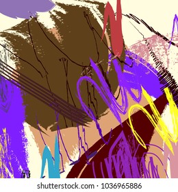 Abstract vector colorful pattern with brush strokes in memphis style, creative background for poster, print, texture, wear, magazines, template, card, brochures, flyers design. bright colors backdrop