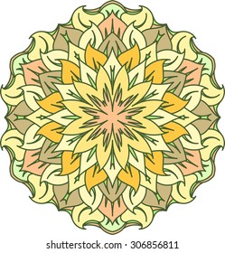 Abstract vector colorful round lace design in mono line style - mandala, decorative element in bright, yellow, green, pink tones.