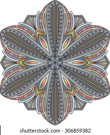 Abstract vector colorful round lace design in mono line style - mandala, decorative element in dark colors.