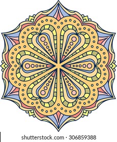 Abstract vector colorful round lace design in mono line style - mandala, decorative element in bright colors