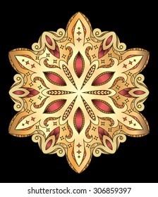 Abstract vector colorful round lace design in mono line style - mandala, decorative element on black background.