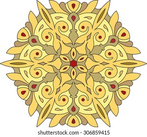 Abstract vector colorful round lace design in mono line style - mandala, decorative element in yellow and bright colors