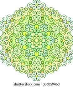 Abstract vector colorful round lace design in mono line style - mandala, decorative element in green and beige colors
