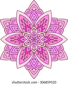 Abstract vector colorful round lace design in mono line style - mandala, decorative element in pink tones.