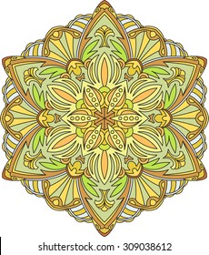 Abstract vector colorful round lace design in mono line style - mandala, decorative element in bright, yellow, green, tones.