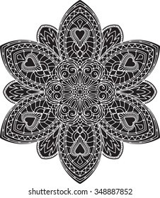 Abstract, vector colorful round lace design mandala, ethnic decorative element or tattoo in black tones.