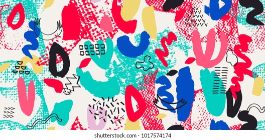 
Abstract vector colorful seamless pattern with brush strokes in memphis style.  Creative background for print, textile, wear, magazines, template, card, poster, flyer design, brochure. Bright colors.