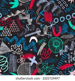 Abstract vector colorful seamless pattern with brush strokes in memphis style.  Creative background for print, textile, wear, magazines, template, card, poster, flyer design, brochure. Dark colors.