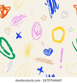 Abstract vector colorful seamless pattern with various grungy hand drawn marks. Textile print, cover design.	