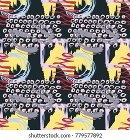 Abstract vector colorful seamless pattern with brush strokes in memphis style.  Creative background for print, textile, wear, magazines, template, card, poster, flyer design, brochure. Bright colors.