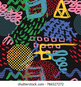 Abstract vector colorful seamless pattern with brush strokes in memphis style.  Creative background for print, textile, wear, magazines, template, card, poster, flyer design, brochure. Bright colors.