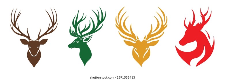 Abstract Vector Colorful Set of Four Deer Head Silhouettes Icons or Logo Design Template