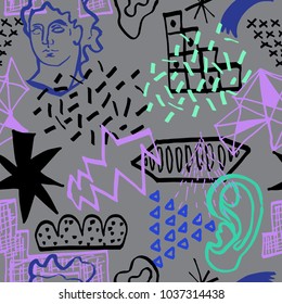 Abstract vector colorful simple pattern with geometric elements in memphis style. Creative background for print, textile, wear, magazines, template, card, poster, flyer design, brochure.