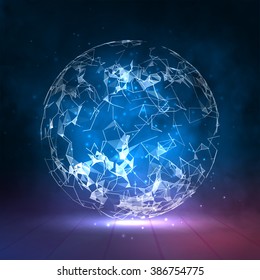 Abstract vector colorful sphere. Futuristic techno style. Trendy background for business presentations. Flying triangles.
