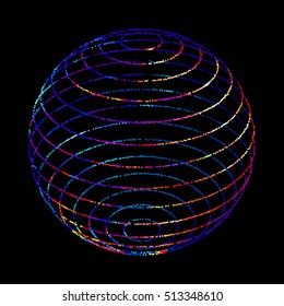 Abstract vector colorful sphere on a dark background. Colored spheres with colors of the 80s.