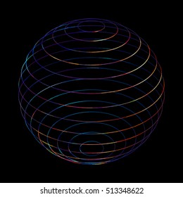 Abstract vector colorful sphere on a dark background. Colored spheres with colors of the 80s.